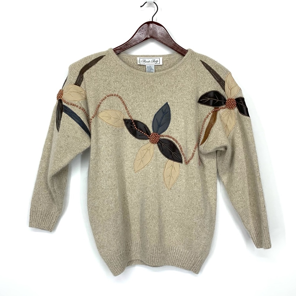 Rare Vintage Private Party Silk Angora Wool Beaded Sweater W/ Flower Applique